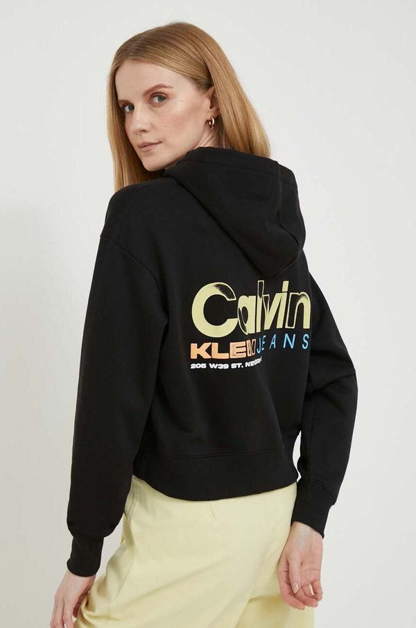 Calvin Klein Jeans Bombažen pulover Calvin Klein Jeans ženska, črna barva, s kapuco