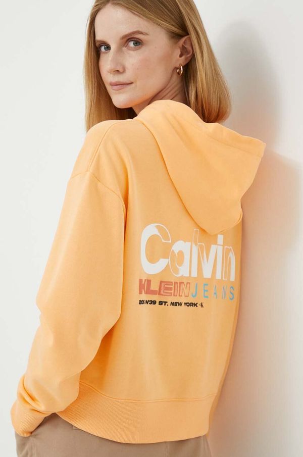 Calvin Klein Jeans Bombažen pulover Calvin Klein Jeans ženska, oranžna barva, s kapuco