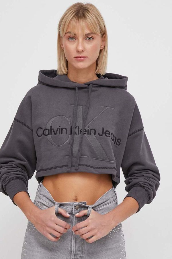 Calvin Klein Jeans Bombažen pulover Calvin Klein Jeans ženska, siva barva, s kapuco