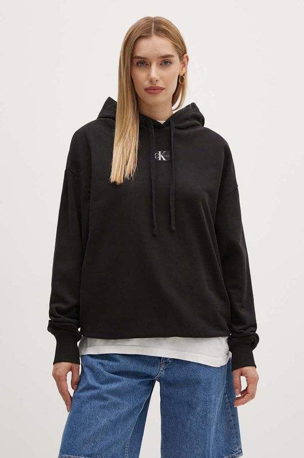 Calvin Klein Jeans Bombažen pulover Calvin Klein Jeans ženski, črna barva, s kapuco, J20J224063