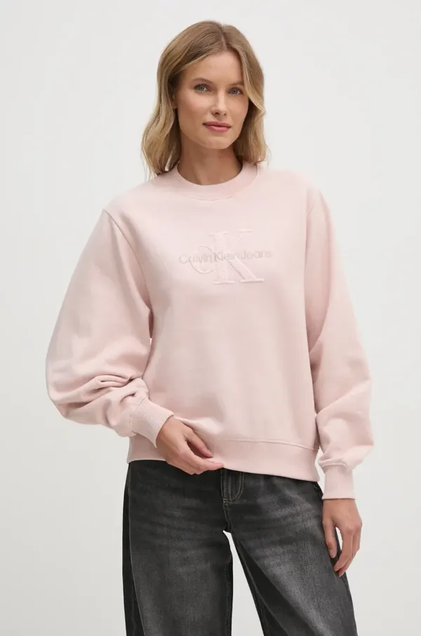 Calvin Klein Jeans Bombažen pulover Calvin Klein Jeans ženski, roza barva, J20J224652