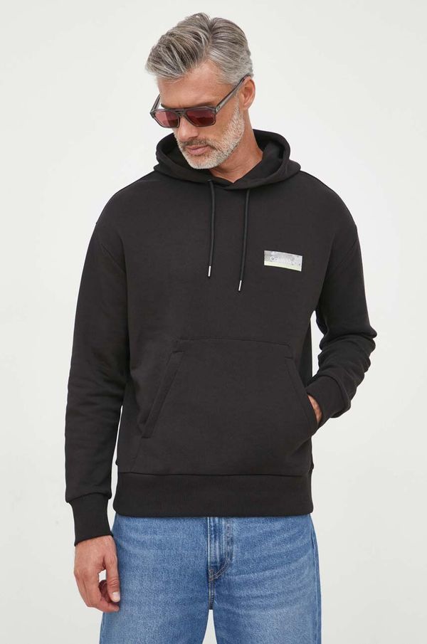 Calvin Klein Bombažen pulover Calvin Klein moška, črna barva, s kapuco