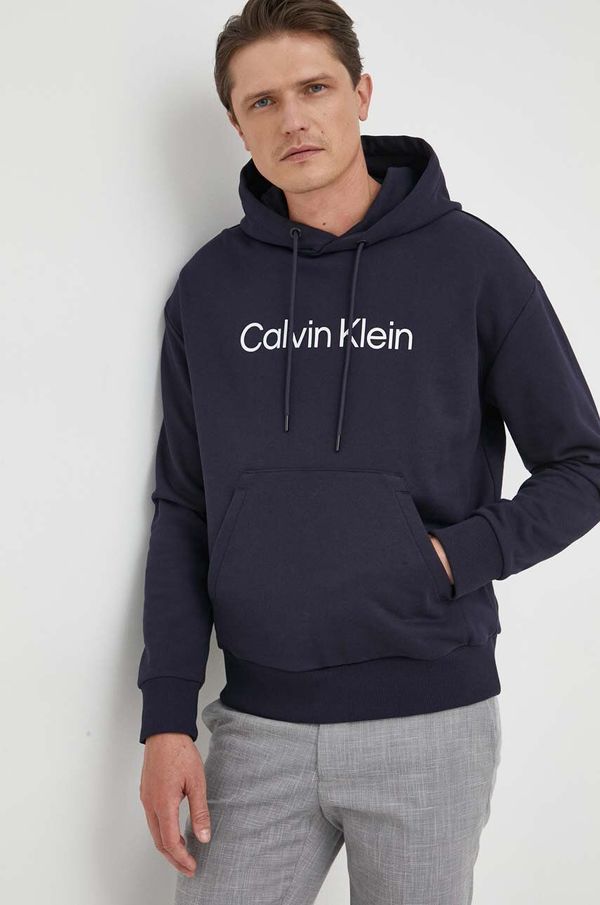Calvin Klein Bombažen pulover Calvin Klein moška, mornarsko modra barva, s kapuco