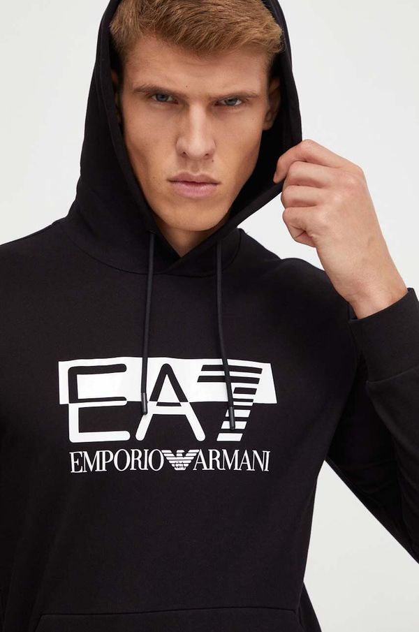 EA7 Emporio Armani Bombažen pulover EA7 Emporio Armani moška, črna barva, s kapuco