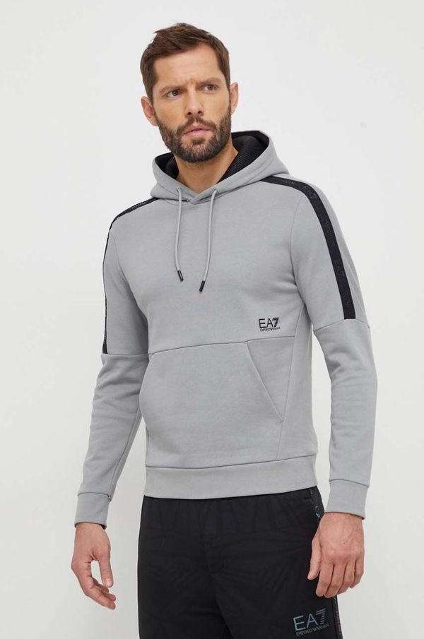 EA7 Emporio Armani Bombažen pulover EA7 Emporio Armani moška, siva barva, s kapuco