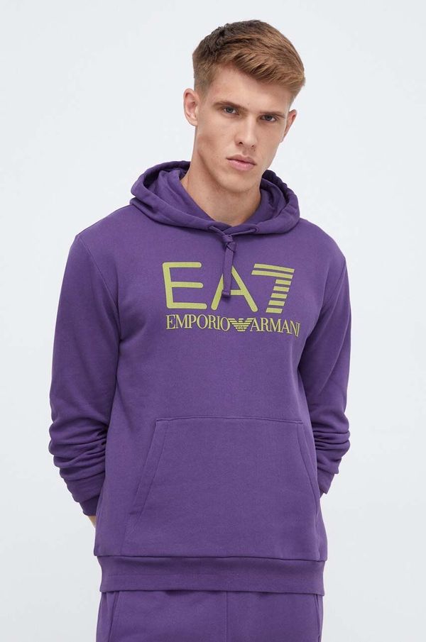 EA7 Emporio Armani Bombažen pulover EA7 Emporio Armani moška, vijolična barva, s kapuco