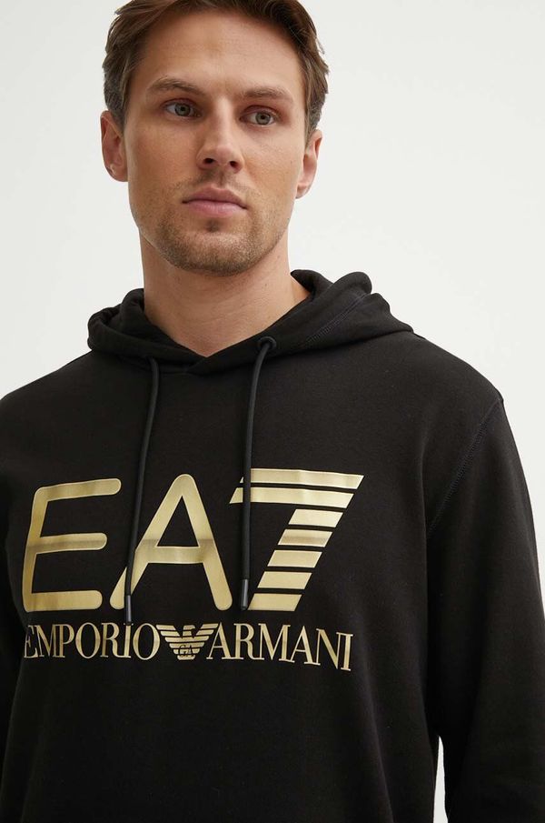 EA7 Emporio Armani Bombažen pulover EA7 Emporio Armani moški, črna barva, s kapuco, PJSHZ.6DPM16