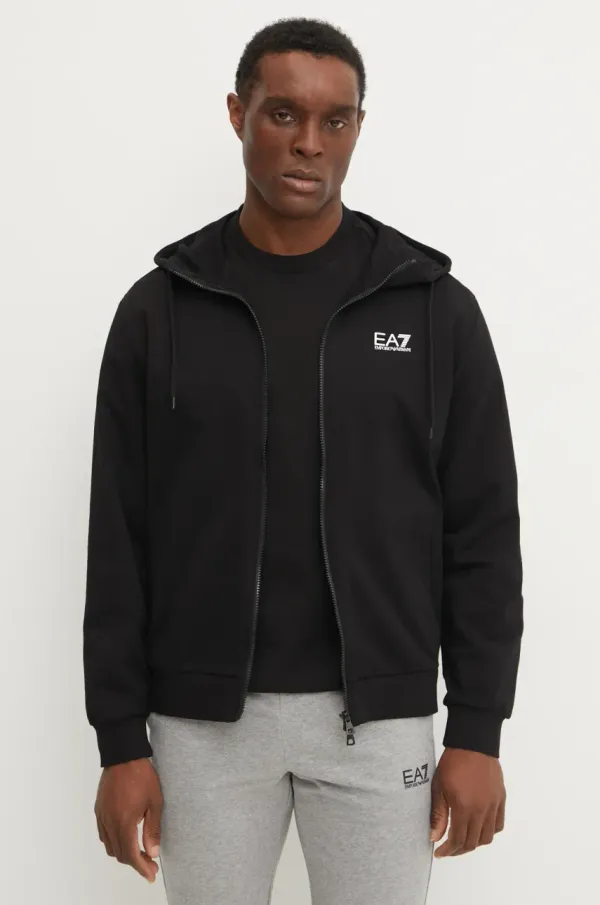 EA7 Emporio Armani Bombažen pulover EA7 Emporio Armani moški, črna barva, s kapuco, PJVRZ.8NPM33
