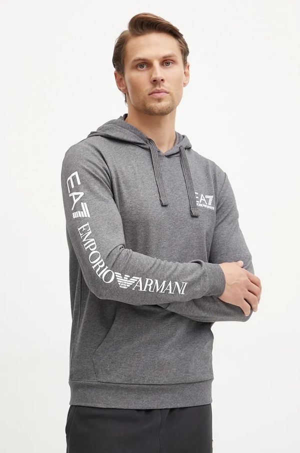 EA7 Emporio Armani Bombažen pulover EA7 Emporio Armani moški, siva barva, s kapuco, PJ05Z.8NPM18