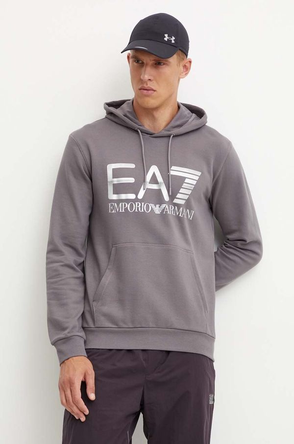 EA7 Emporio Armani Bombažen pulover EA7 Emporio Armani moški, siva barva, s kapuco, PJSHZ.6DPM16