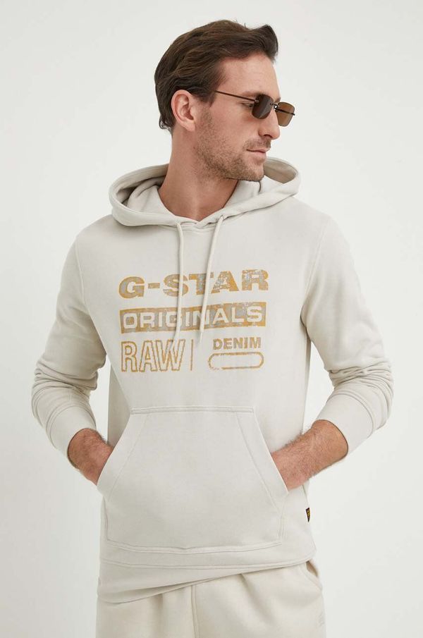 G-Star Raw Bombažen pulover G-Star Raw moška, bež barva, s kapuco