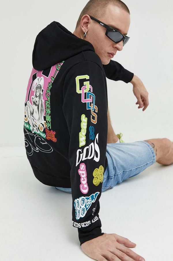 GCDS Bombažen pulover GCDS moška, črna barva, s kapuco