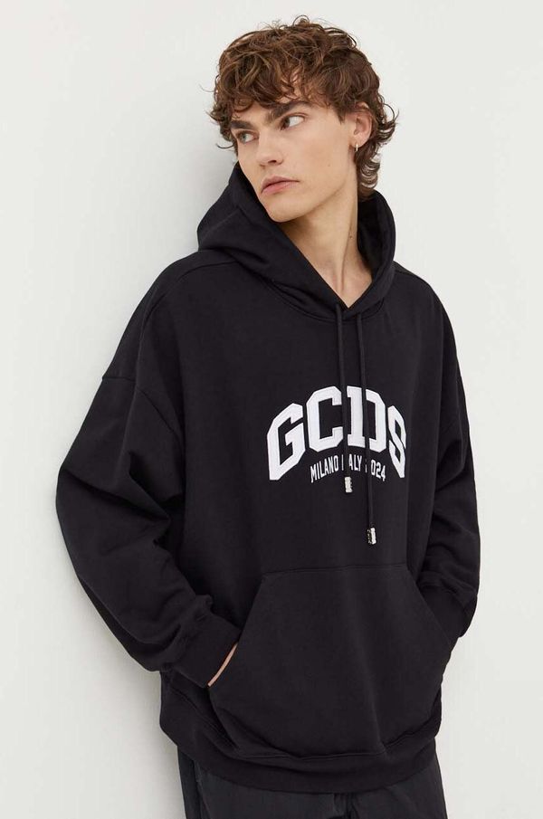 GCDS Bombažen pulover GCDS moška, črna barva, s kapuco