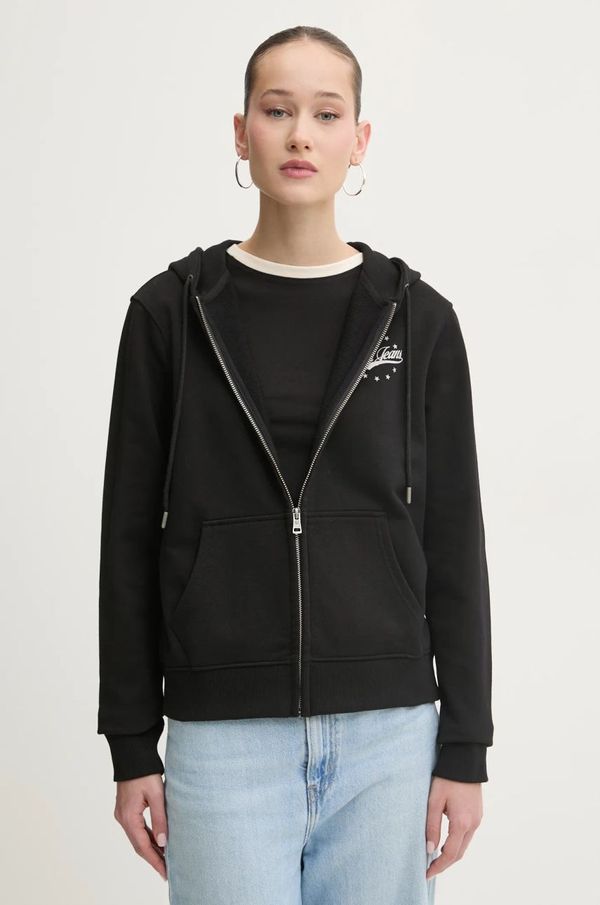 Guess Jeans Bombažen pulover Guess Jeans ženski, črna barva, s kapuco, W5RQ21 K68I4