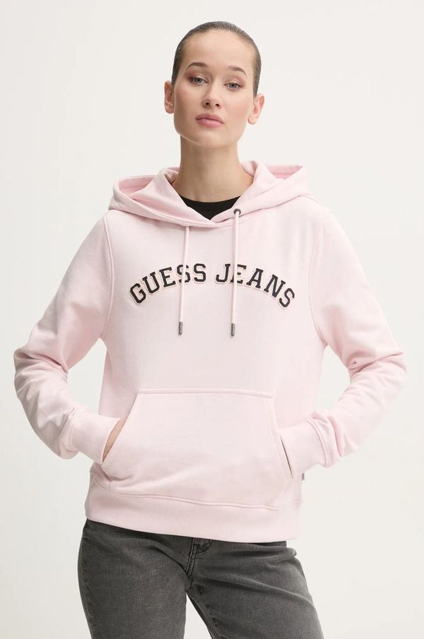 Guess Jeans Bombažen pulover Guess Jeans ženski, roza barva, s kapuco, W5RQ17 K68I4