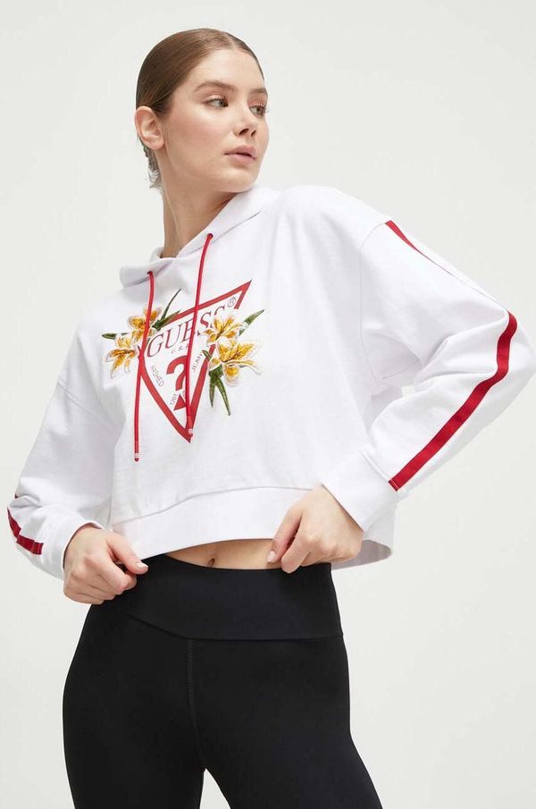 Guess Bombažen pulover Guess ženska, bela barva, s kapuco