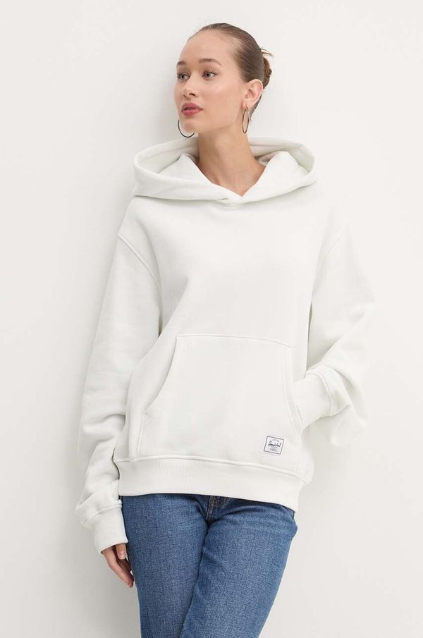 Herschel Bombažen pulover Herschel ženska, bež barva, s kapuco