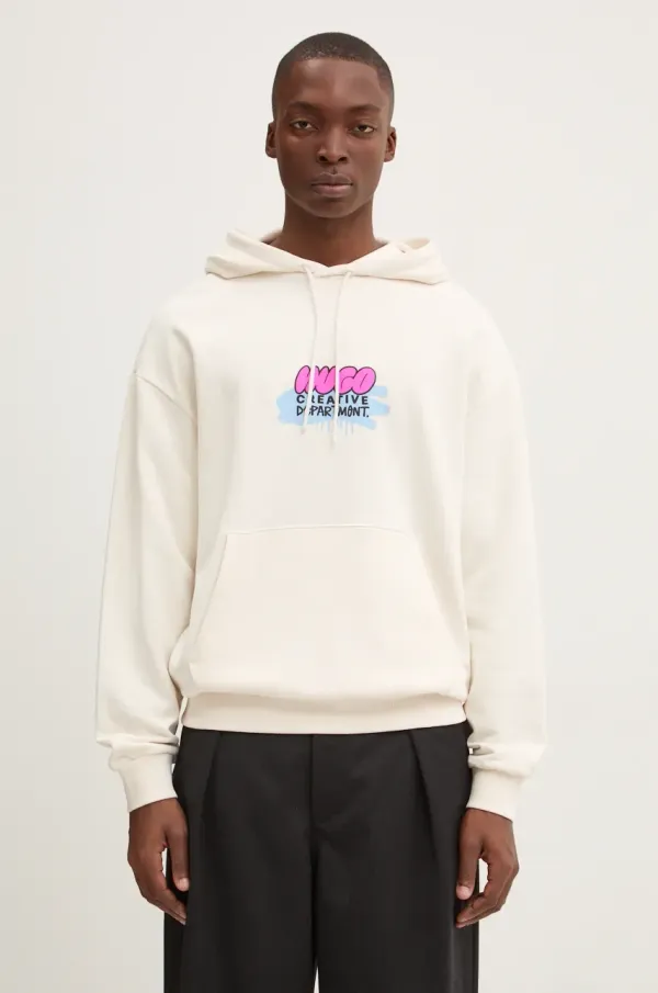 HUGO Blue Bombažen pulover Hugo Blue moški, bež barva, s kapuco, 50523850