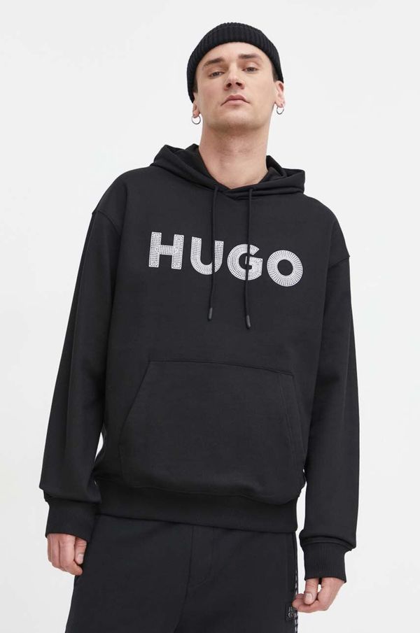 Hugo Bombažen pulover HUGO moška, črna barva, s kapuco