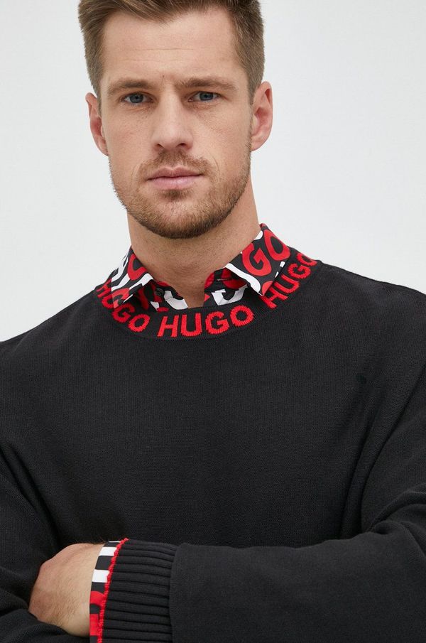 Hugo Bombažen pulover HUGO moški, črna barva,