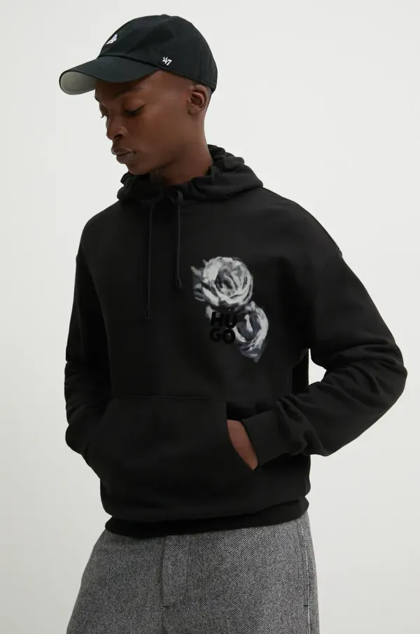 HUGO Bombažen pulover HUGO moški, črna barva, s kapuco, 50524274