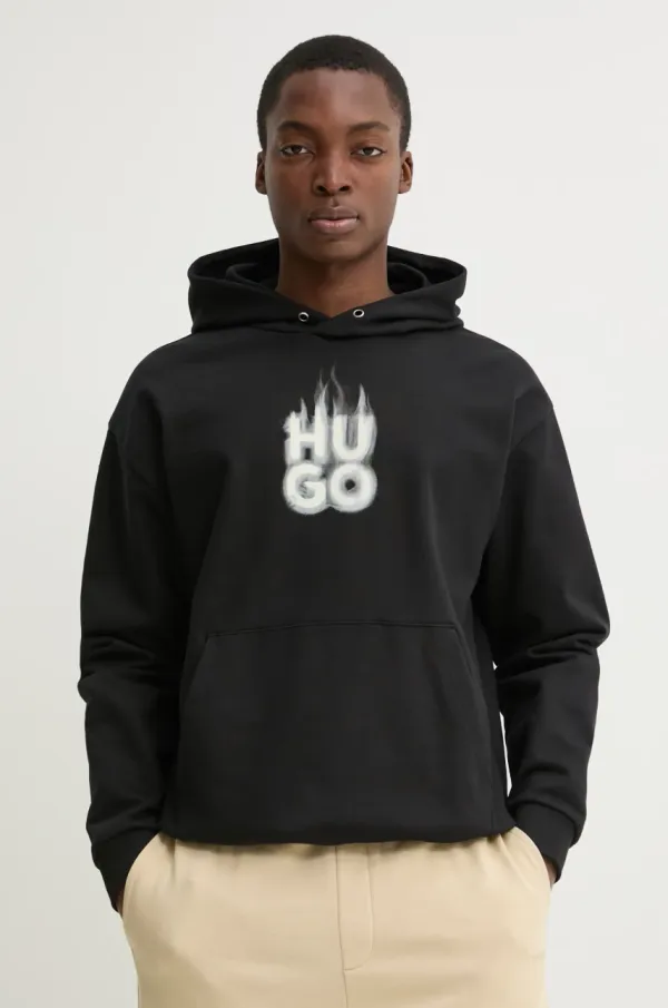 HUGO Bombažen pulover HUGO moški, črna barva, s kapuco, 50530428