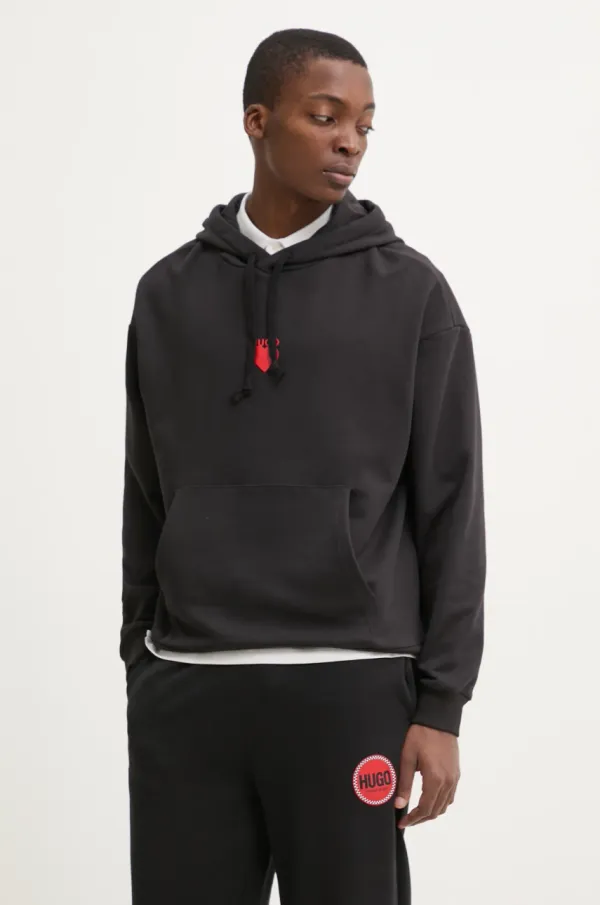 HUGO Bombažen pulover HUGO moški, črna barva, s kapuco, 50530577