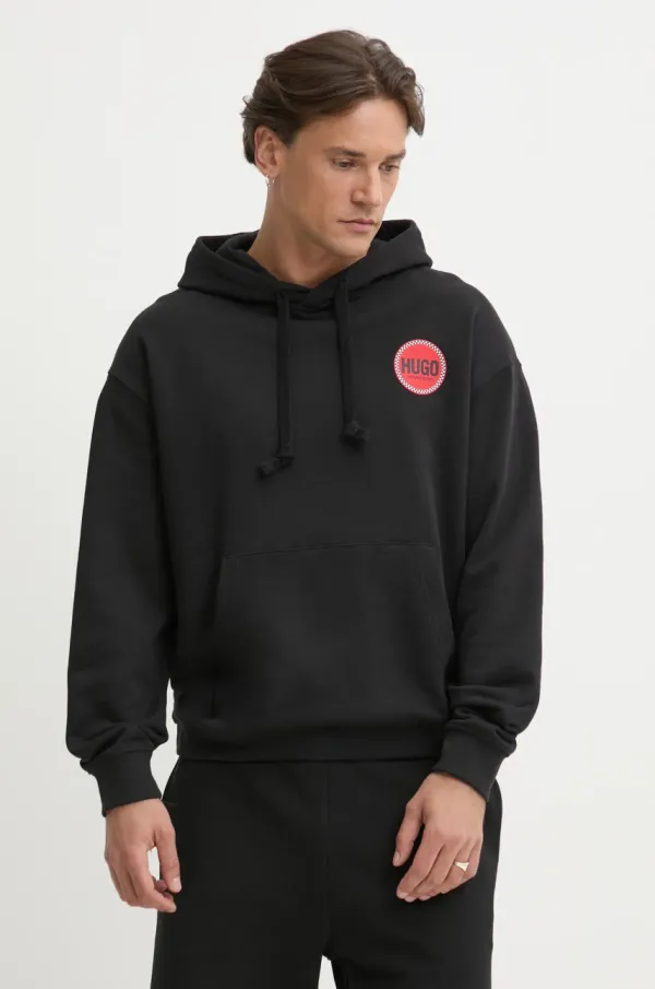 HUGO Bombažen pulover HUGO moški, črna barva, s kapuco, 50530658