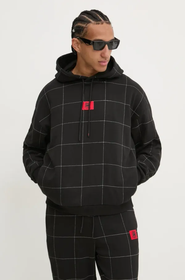 HUGO Bombažen pulover HUGO x RACING BULLS moški, črna barva, s kapuco, 50530057