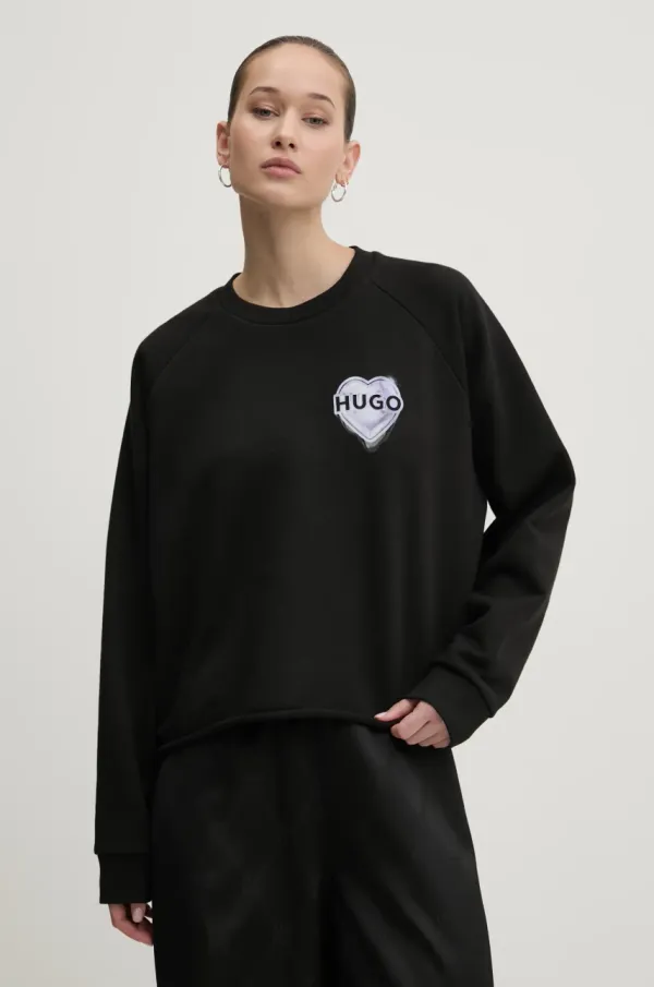 HUGO Bombažen pulover HUGO ženski, črna barva, 50534271