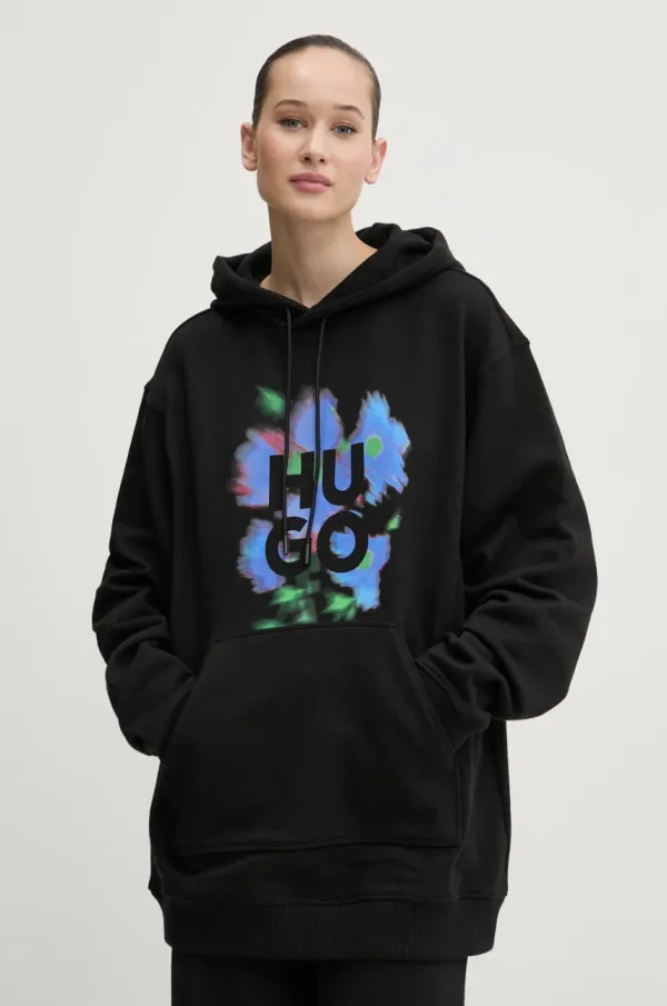 HUGO Bombažen pulover HUGO ženski, črna barva, s kapuco, 50534047