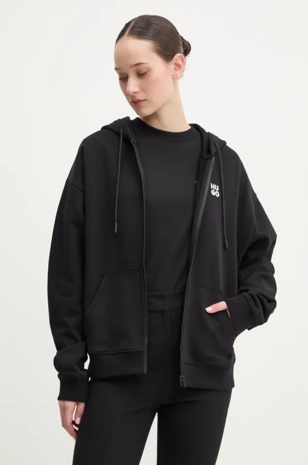 HUGO Bombažen pulover HUGO ženski, črna barva, s kapuco, 50535240