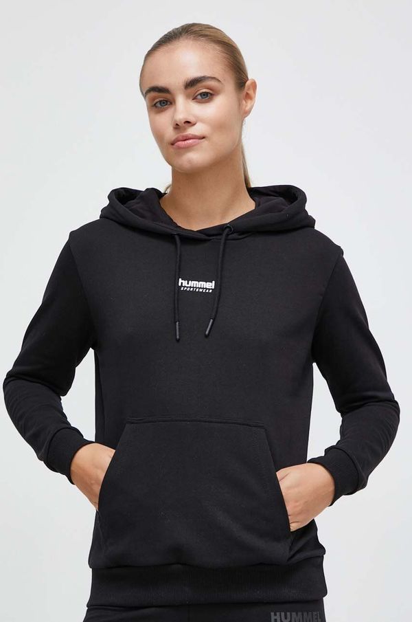 Hummel Bombažen pulover Hummel ženska, črna barva, s kapuco