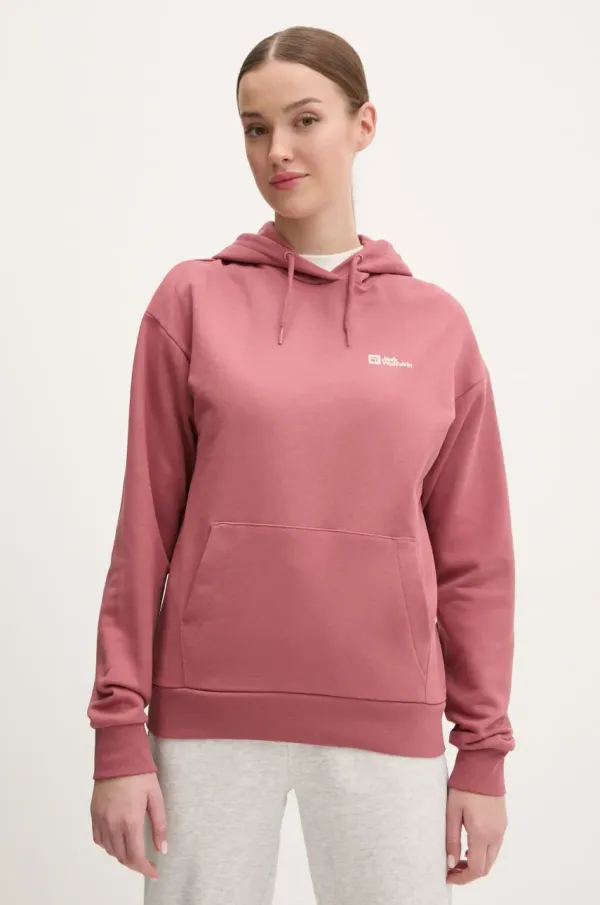 Jack Wolfskin Bombažen pulover Jack Wolfskin Essential ženski, oranžna barva, s kapuco, A63848