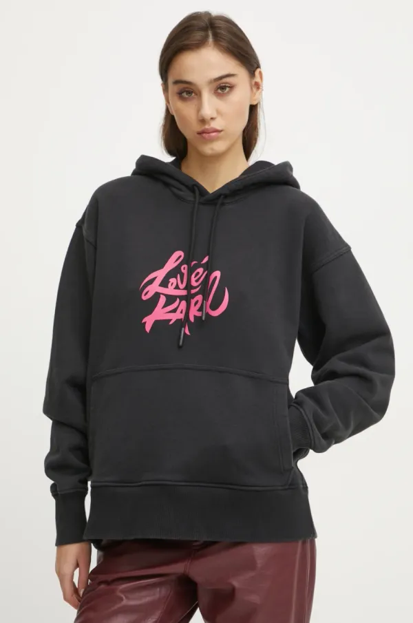 Karl Lagerfeld Jeans Bombažen pulover Karl Lagerfeld Jeans ženski, črna barva, s kapuco, A1W20093