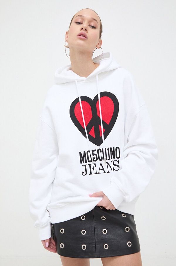 Moschino Jeans Bombažen pulover Moschino Jeans ženska, bela barva, s kapuco