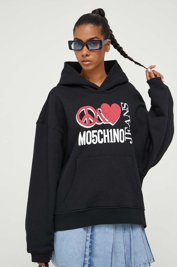 Moschino Jeans Bombažen pulover Moschino Jeans ženska, črna barva, s kapuco