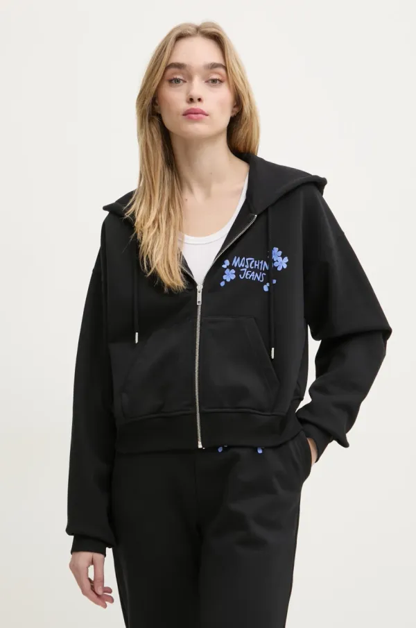 Moschino Jeans Bombažen pulover Moschino Jeans ženski, črna barva, s kapuco, 1703 3228