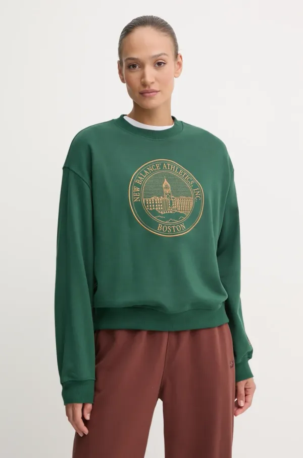 New Balance Bombažen pulover New Balance ženski, zelena barva, WT43553NWG