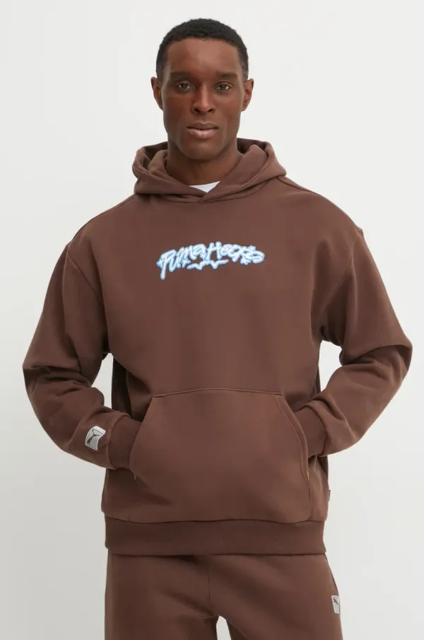 Puma Bombažen pulover Puma moški, rjava barva, s kapuco, 630472