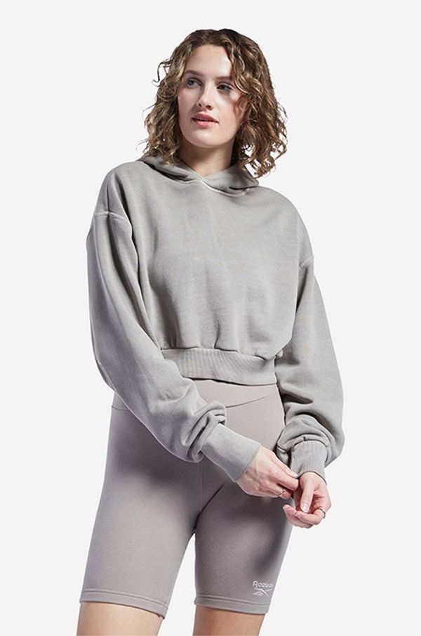 Reebok Classic Bombažen pulover Reebok Classic Dye Cropped ženski, siva barva, s kapuco