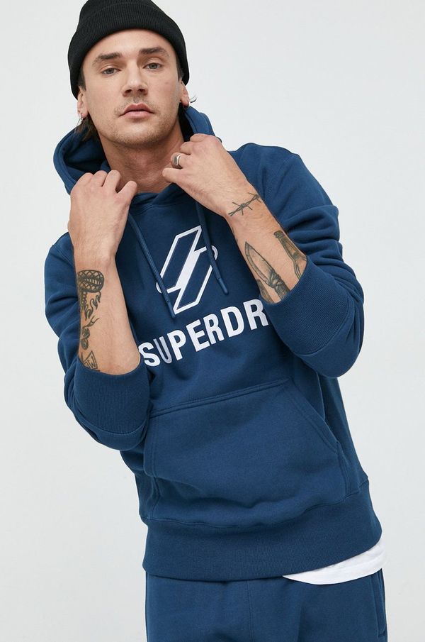 Superdry Bombažen pulover Superdry moška, mornarsko modra barva, s kapuco