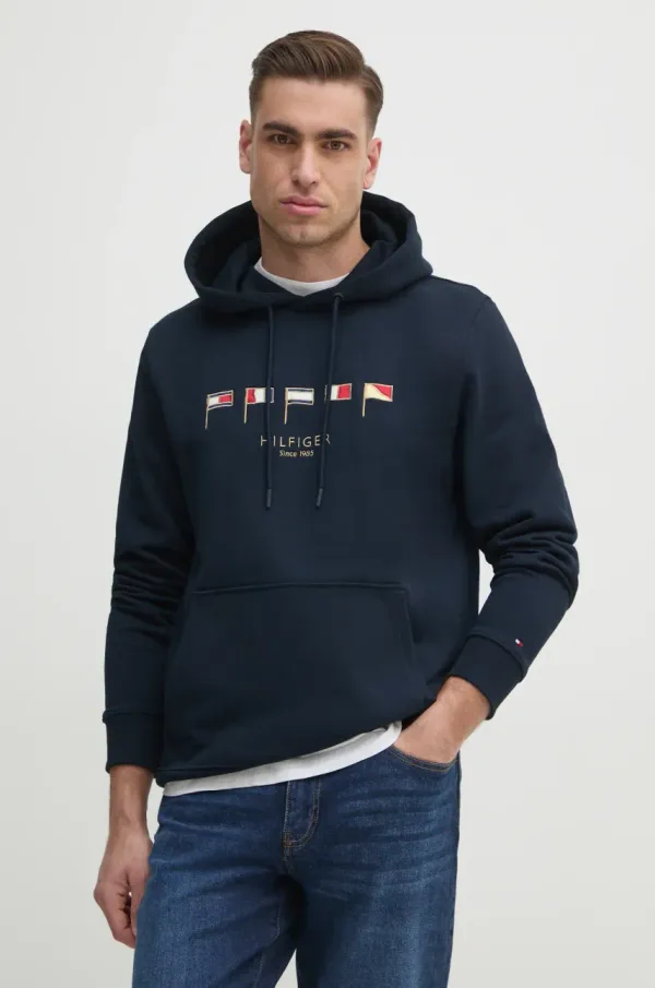 Tommy Hilfiger Bombažen pulover Tommy Hilfiger moški, mornarsko modra barva, s kapuco, MW0MW38666
