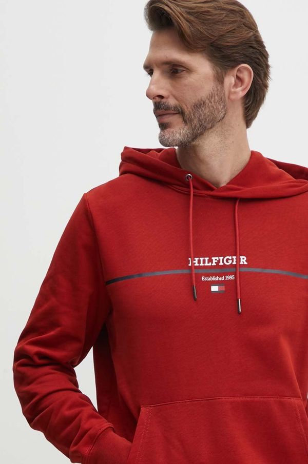 Tommy Hilfiger Bombažen pulover Tommy Hilfiger moški, rdeča barva, s kapuco, MW0MW35556