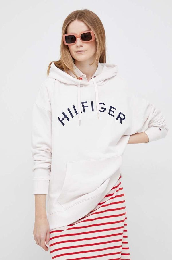 Tommy Hilfiger Bombažen pulover Tommy Hilfiger ženska, bež barva, s kapuco