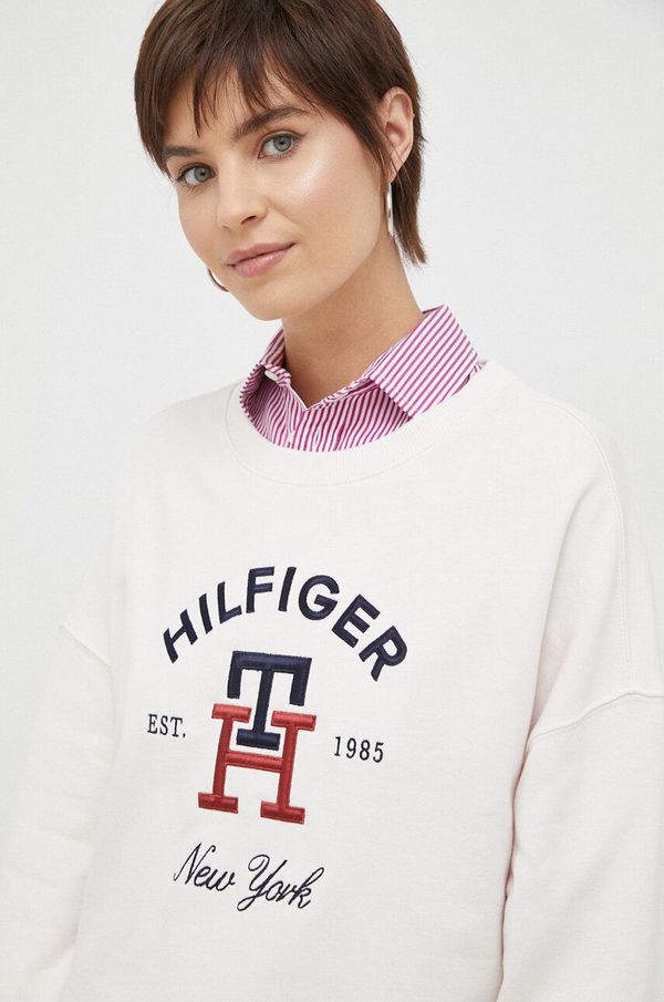 Tommy Hilfiger Bombažen pulover Tommy Hilfiger ženska, bež barva