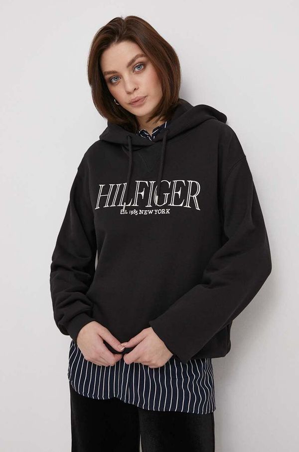 Tommy Hilfiger Bombažen pulover Tommy Hilfiger ženska, črna barva, s kapuco