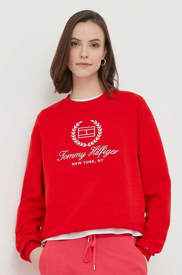 Tommy Hilfiger Bombažen pulover Tommy Hilfiger ženska, rdeča barva