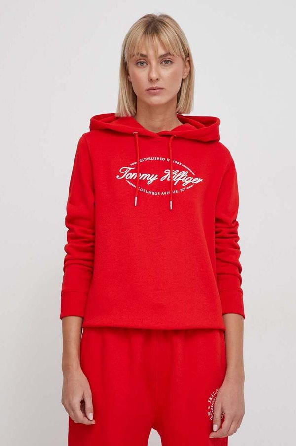 Tommy Hilfiger Bombažen pulover Tommy Hilfiger ženska, rdeča barva, s kapuco