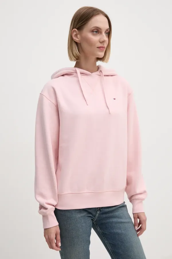 Tommy Hilfiger Bombažen pulover Tommy Hilfiger ženska, roza barva, s kapuco